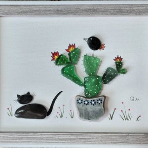 Black Cat and Sea Glass Cactus - Sea Glass and Pebble Art - Unique Handmade Framed - Sea Glass Picture