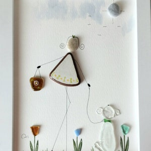Pebble Art & Sea Glass Picture - Framed Unique Handmade &quot;owner walking the dog&quot;*
