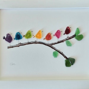 Rainbow birds on a branch - - Sea Glass Picture & Pebbles - Framed Unique Handmade - Seaglass art