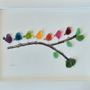 Rainbow birds on a branch - - Sea Glass Picture & Pebbles - Framed Unique Handmade - Seaglass art