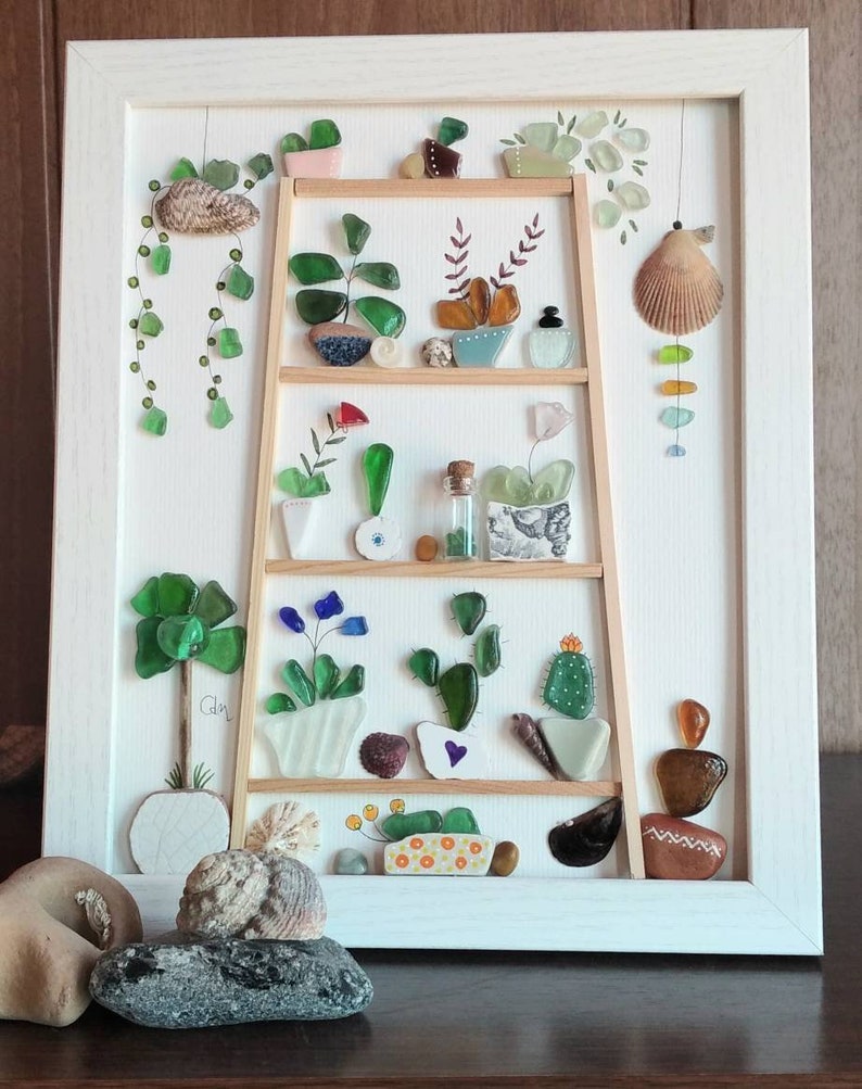 Sea Glass Art Sea Glass Plants Sea Glass and Pebble Art Etsy