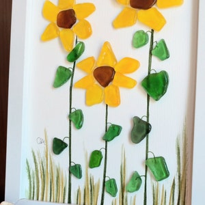 Sea glass sunflowers Pebble Art & Sea Glass Picture Framed Unique Handmade Sea glass art image 3