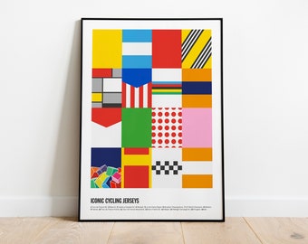 Cycling Print of Iconic Jerseys. Modern geometric art poster of Tour de France, Giro, Vuelta, Molteni, KOM and other classics.