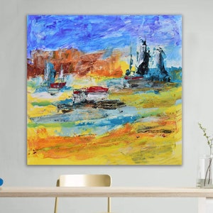 Cuadro colorido de Paisaje Abstracto hecho a mano, Decoración de pared paisaje, Cuadro paisaje para decoración del hogar, Decoración oficina