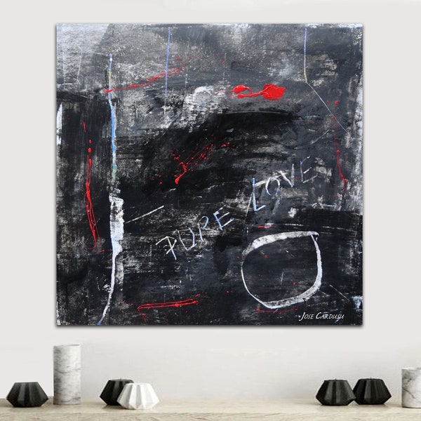 Peinture sur toile noire et rouge peinte à la main, offre peinture abstraite, achat peinture en ligne, grand tableau pour salon, art
