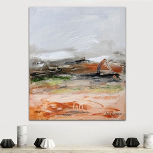 Abstrakte Landschaftsmalerei von Hand mit Acrylmalerei auf Papier, Abstrakte Originallandschaft, graue, orange, grüne, braune Malerei,