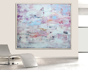 Abstract Painting with Texture on Canvas - Abstract Art lilac, pink, light blue and white colors, large abstract lilac painting