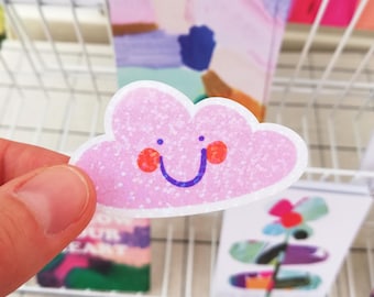Cute Happy GLITTER CLOUD Sticker, Magic Pastel Pink Illustration Vinyl Decal, Sweet Dreams Gift Idea