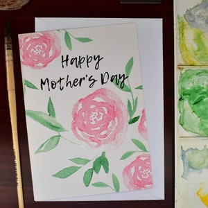 Aquarel losse bloemen Moederdag wenskaart, eenvoudige kaart voor mama, zij die van rozen en bloemen houdt, A6-formaat met witte envelop