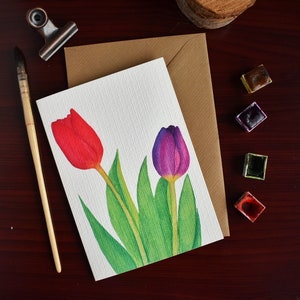Schilderachtige aquarel tulpen wenskaart | Moederdag|speciale kaart voor alle gelegenheden|Lentebloemen bedankkaart|Bedankkaart