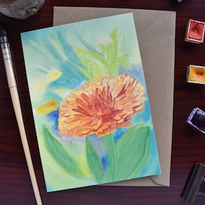 Aquarel goudsbloem wenskaart, Moederdagkaart voor haar, voor een tuinman, eenvoudige bedankkaart voor natuurliefhebbers, voor alle gelegenheden