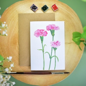 Eenvoudige blanco wenskaart roze anjer, bedankje, voor moeders, zus, vriend, 1e jubileum en andere speciale gelegenheden