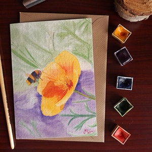 Carte de voeux aquarelle coquelicot jaune et abeille|Saint-Valentin|Fête des Mères|carte spéciale pour les jardiniers|remerciements|Carte de remerciement
