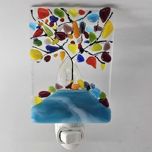 Multi Tree fused Glass Nightlight with  blue marbly base
