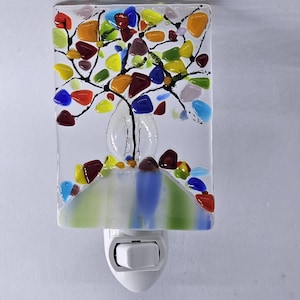 Multicolored Tree fused Glass Nightlight with blue green base
