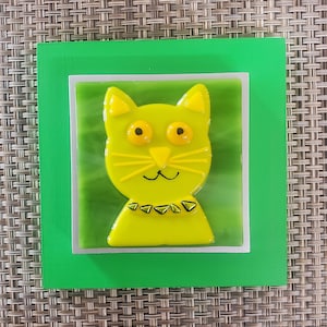 Fused glass yellow cat with features on greeen glass on green frame  cat wall art  by Gary Levin Glass #GaryLevinGlass