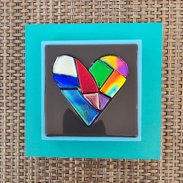 framed multicolored Heart fused dichroic glass on gray glass and aqua frame  wall art  by Gary Levin Glass #GaryLevinGlass