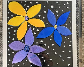 Duża, wielokolorowa, dichroiczna szklana sztuka ścienna „kwiaty” o wymiarach 12 x 12 cali autorstwa Gary'ego Levina Glassa #GaryLevinGlass