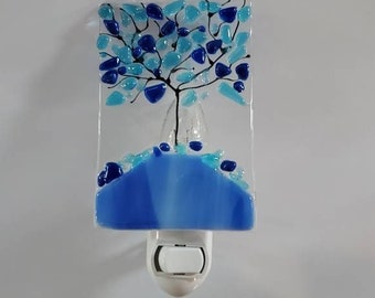 Blue Tree fused Glass Nightlight with blue swirl base