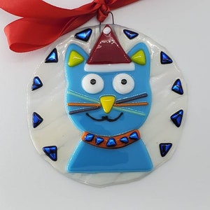 Christmas cat fused glass ornament