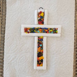 Multicolor fused glass pieces cross with white border