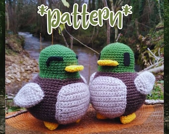May include: Two crocheted duck plushies, one green and one brown, with yellow beaks and black eyes. The ducks are sitting on a wooden surface with the text "*pattern*" above them.