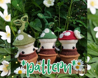 Plantshrooms, potted mushroom plants, cottagecore amigurumi, fantasy character, flower, crochet pattern (US, FR)