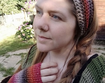 Mitaines et cache-oreilles assortis, vegan, bohème, hippie, fait à la main au crochet