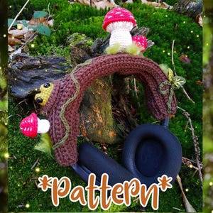 Woodland headphone cover, frog, mushroom, squirrel, nature, forestcore, crochet pattern (US, FR) image 1
