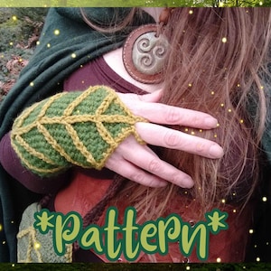 May include: Green and gold crochet leaf pattern wrist warmers with the word "*Pattern*" in green text on a brown background.