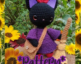 Häxkatt, anime, amigurumi, svart katt, Halloween, magi, virkmönster (USA, Frankrike)