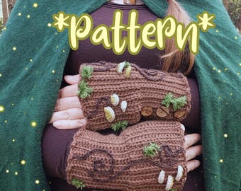 Log sleeves, arm warmers, forest fashion, fantasy, elf druid cosplay, nature, forestcore, mushroom, tree, crochet pattern (US, FR)