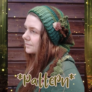 Druid beanie, pixie, elf, cosplay, fantasy, acorn, oak, forestcore, forest fashion, crochet pattern (US, FR)