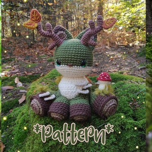 Mossy el zorro, espíritu del bosque amigurumi, criatura mágica, seta, musgo, ciervo, tronco, bosque, patrón de crochet (EE. UU., FR)