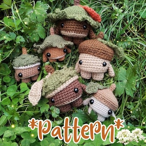 Puede incluir: Un patrón de crochet para hacer juguetes amigurumi con forma de bellota. El patrón incluye cinco diseños de bellotas diferentes, cada uno con un color y un detalle único. Las bellotas están dispuestas sobre un lecho de hierba verde.