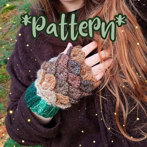 May include: Crocheted fingerless gloves with a textured, multi-colored design. The gloves feature a green and silver cuff and are displayed with the word "pattern" in green script.