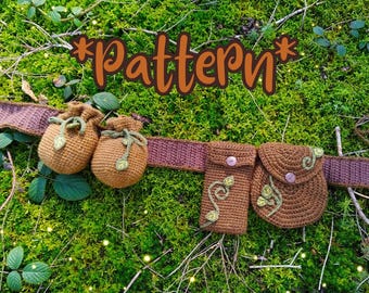 Foraging druid belt, fantasy accessory, cosplay, herbalist bag, forest fashion, utility belt, crochet pattern (US, FR)