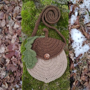May include: A brown and beige crocheted acorn-shaped purse with a green crocheted leaf and a brown button. The purse has a brown crocheted strap.
