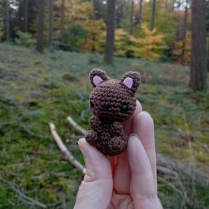 May include: A small, brown crocheted bear with pink inner ears and black eyes. The handmade bear is held in a hand against a blurred forest background. The bear is a miniature stuffed animal.