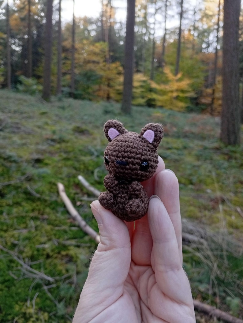 May include: A small, brown crocheted bear with pink inner ears and black eyes. The handmade bear is held in a hand against a blurred forest background. The bear is a miniature stuffed animal.