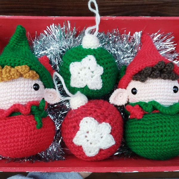 Coffret petits lutins et boules de Noël, décoration de sapin, fait main au crochet