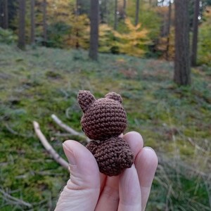 May include: A small, handmade brown crochet bear. The bear is held in a hand against a backdrop of a forest with green moss and tall trees. The bear's features include a rounded body and small ears.
