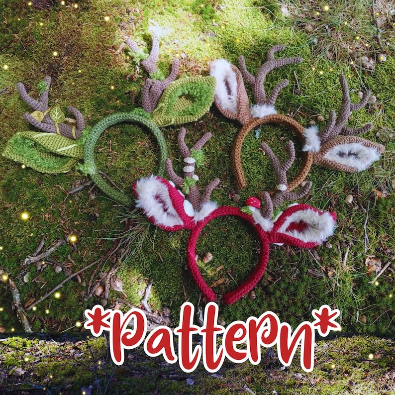 May include: A collection of handmade crochet headbands with deer antler designs. The headbands feature various colors, including green, brown, and red, with white faux fur accents. The word "Pattern" is written in red script across the bottom.