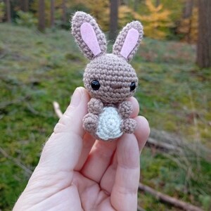 May include: A handmade crochet bunny with a light brown body, pink inner ears, and black eyes. The bunny is holding a small white ball. The craft animal is shown against a blurred background of a forest.