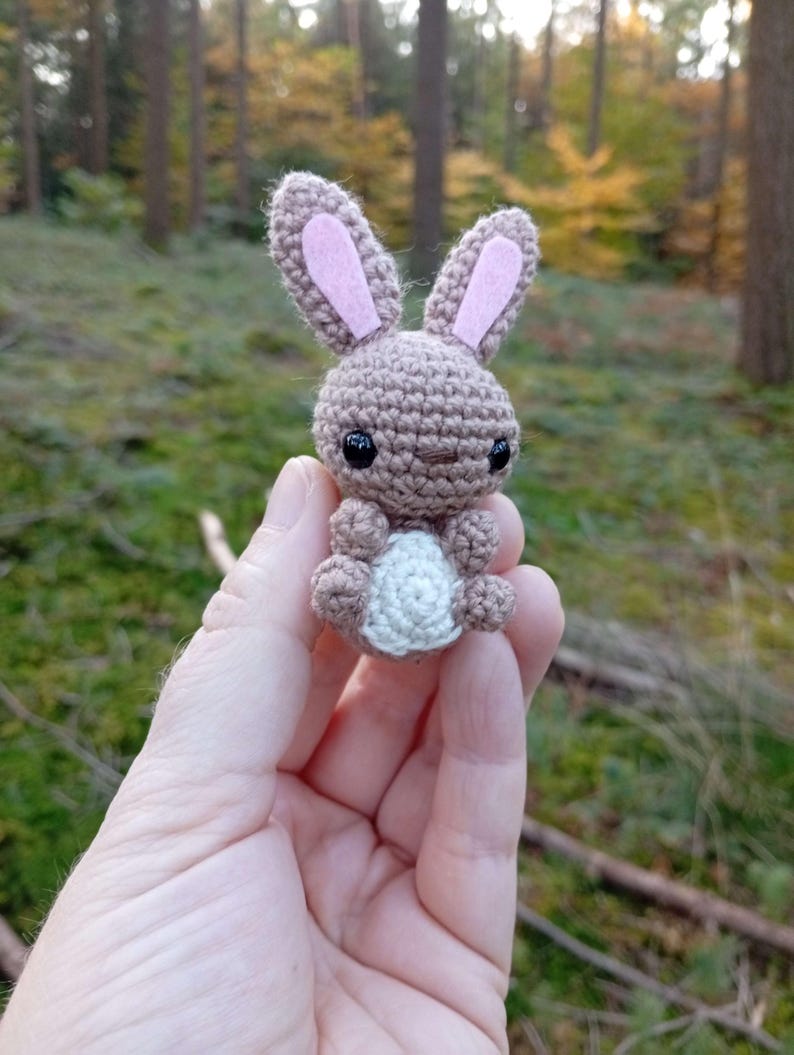 May include: A handmade crochet bunny with a light brown body, pink inner ears, and black eyes. The bunny is holding a small white ball. The craft animal is shown against a blurred background of a forest.