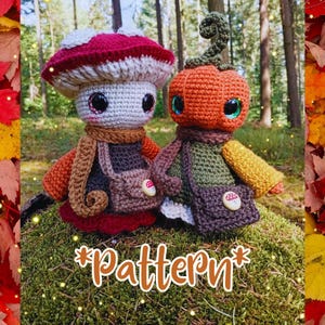 Autumn girlfriends, mushroom and pumpkin amigurumi, fantasy and whimsical characters, cottagecore, forestcore, crochet pattern (US, FR)
