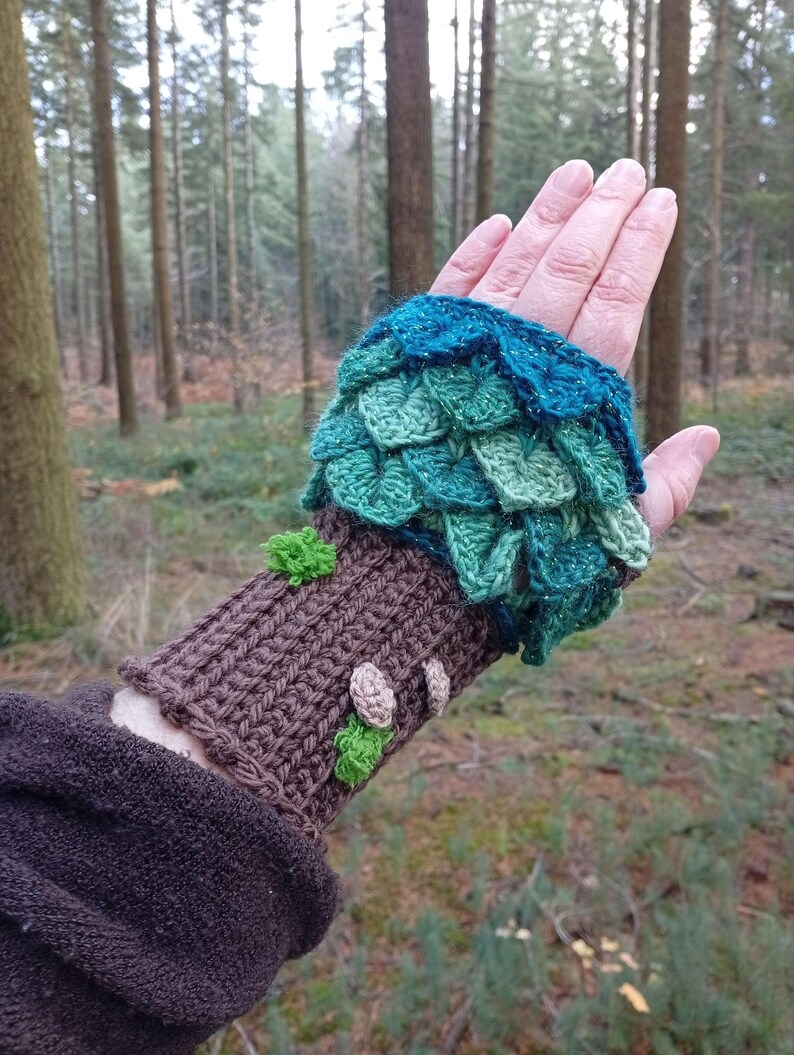 Manoplas de árbol, moda otoñal, cosplay, naturaleza, druida, estilo forestcore, ganchillo hecho a mano imagen 4