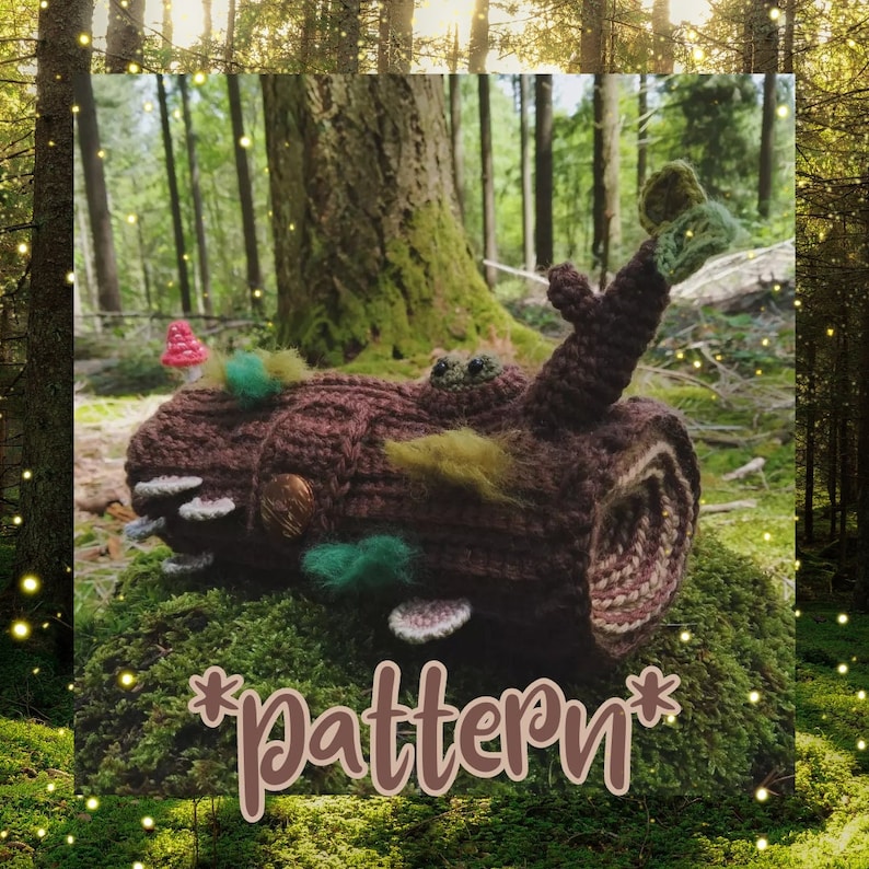Woodland Tree Log Pencil Pouch crochet pattern listing photo by Shroomigurumi