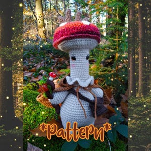 Druid Witshroom, mushroom amigurumi, magical creature, magician, witch, wizard, forestcore, fantasy character, crochet pattern (US, FR)