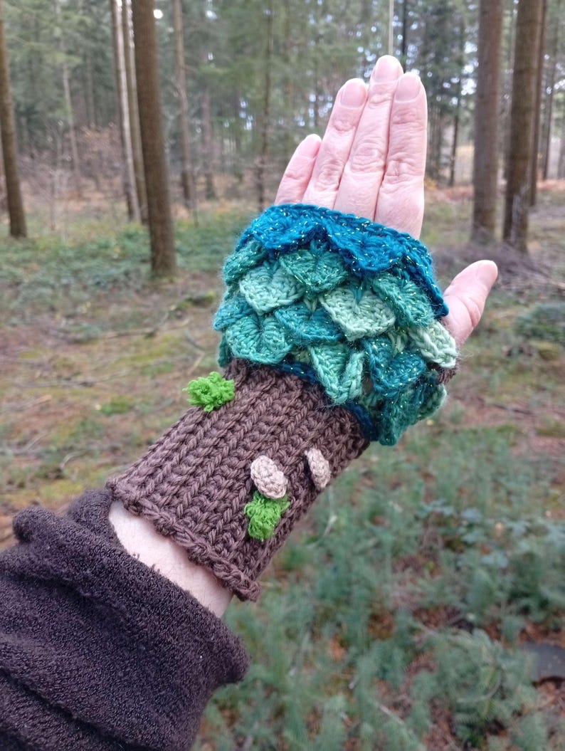 Manoplas de árbol, moda otoñal, cosplay, naturaleza, druida, estilo forestcore, ganchillo hecho a mano Vert long poignet